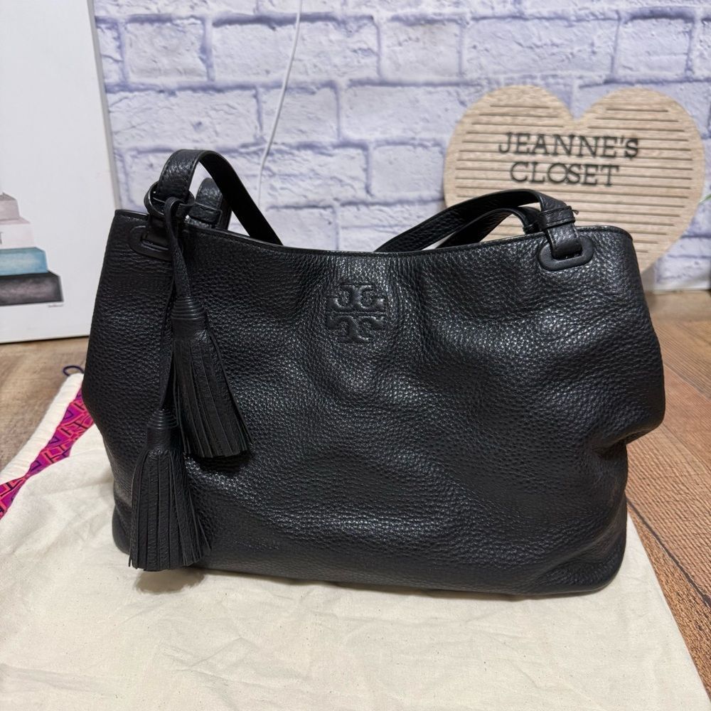 Tory Burch Thea Leather Black Center-Zip Tote Bag Authentic Excellent Condition